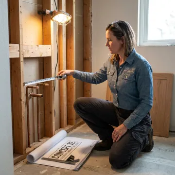 Designer measuring bathroom for custom cabinets