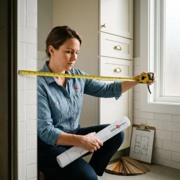Designer measuring for custom bathroom cabinets