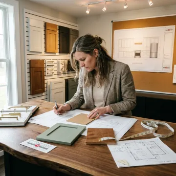Designer reviewing retail slatwall display plans