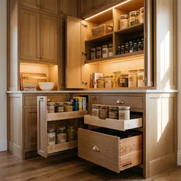 Custom organized pantry with pull-out shelves
