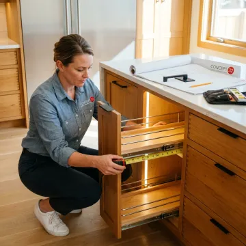 Designer reviewing custom pantry plans with homeowner