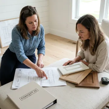 Designer reviewing custom mudroom cabinetry plans