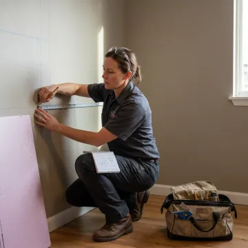 Installer measuring a room for a custom Murphy bed