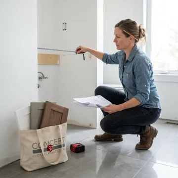 Designer reviewing bathroom cabinet plans with homeowner