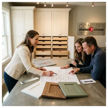Designer reviewing custom kitchen cabinet plans