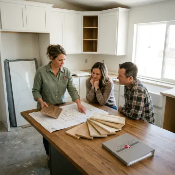 Designer reviewing custom cabinet plans with homeowners