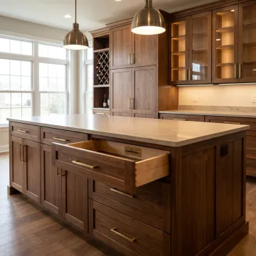 Custom kitchen cabinetry with island and built-in storage