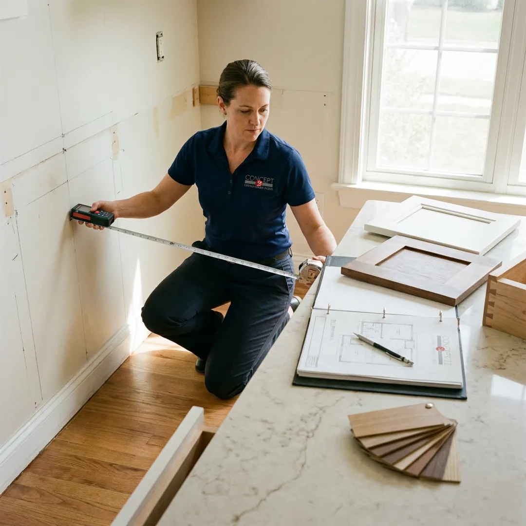 Designer measuring a kitchen for custom cabinetry installation