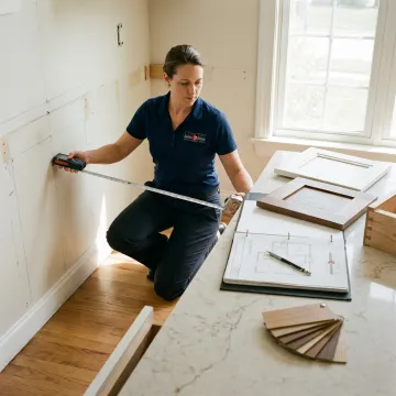 Designer measuring a kitchen for custom cabinetry installation