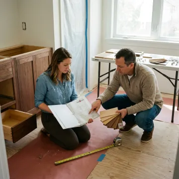 Designer reviewing bathroom vanity plans with homeowner