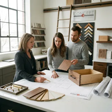 Designer reviewing kitchen and bar cabinetry plans