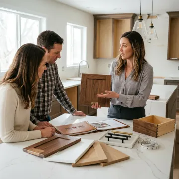Kitchen designer reviewing cabinetry plans with homeowners