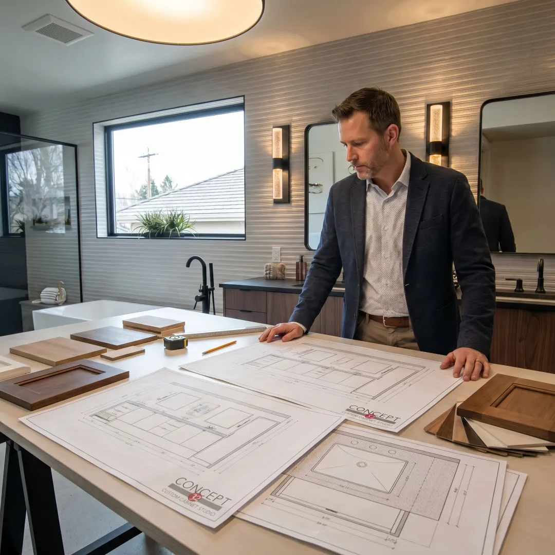 Designer reviewing custom bathroom vanity plans