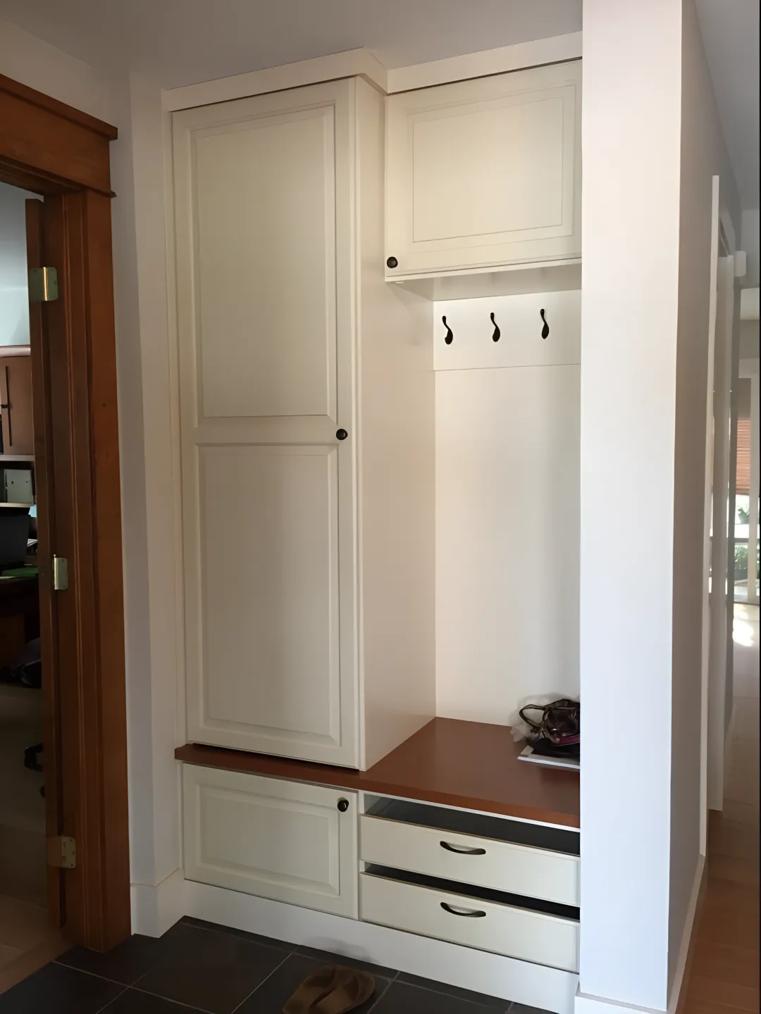 Custom farmhouse mudroom with bench and cubbies