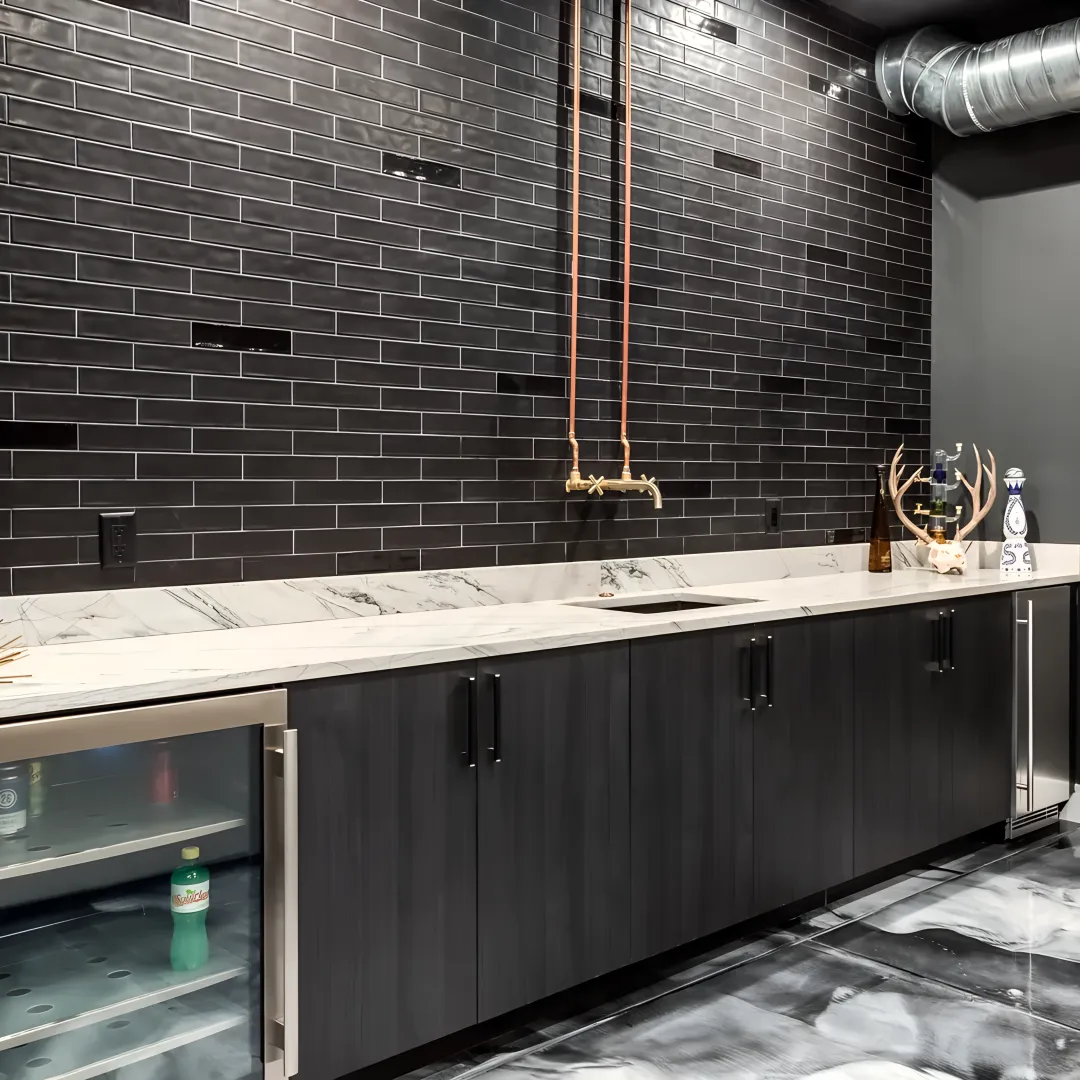 Designer reviewing plans for custom built-in wine cabinetry