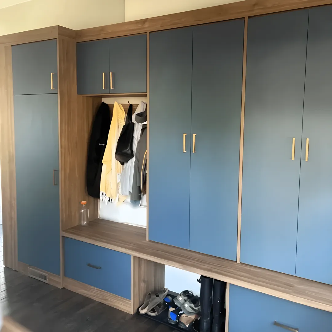 Designer planning custom farmhouse mudroom storage
