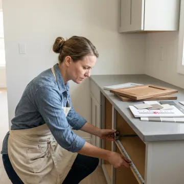 Cabinet designer measuring kitchen cabinet doors