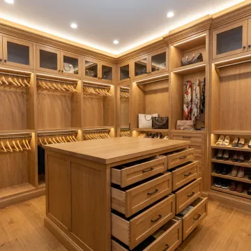 Custom walk-in closet with wood cabinetry and lighting