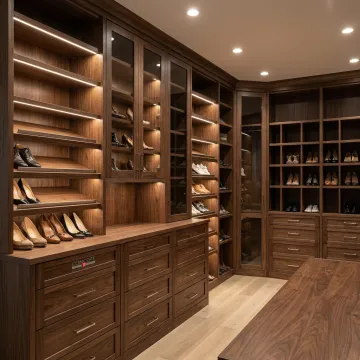 Custom shoe closet with illuminated shelves