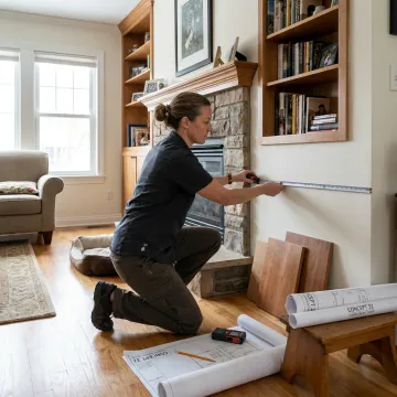 Designer measuring a living room corner for custom cabinetry