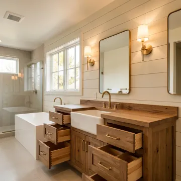 Custom farmhouse bathroom vanity with wood cabinetry
