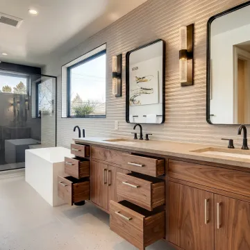 Custom walnut bathroom vanity with double sinks