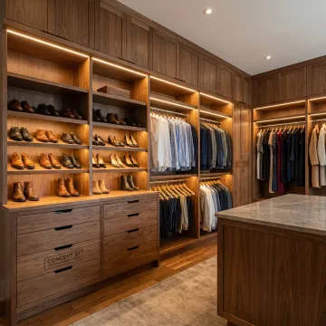 Custom walk-in closet with built-in drawers and shoe storage