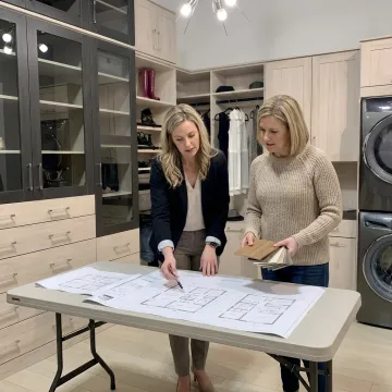 Designer reviewing custom laundry room cabinet plans