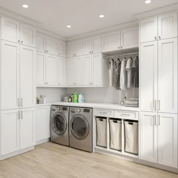 Custom laundry room storage with cabinets and washer dryer