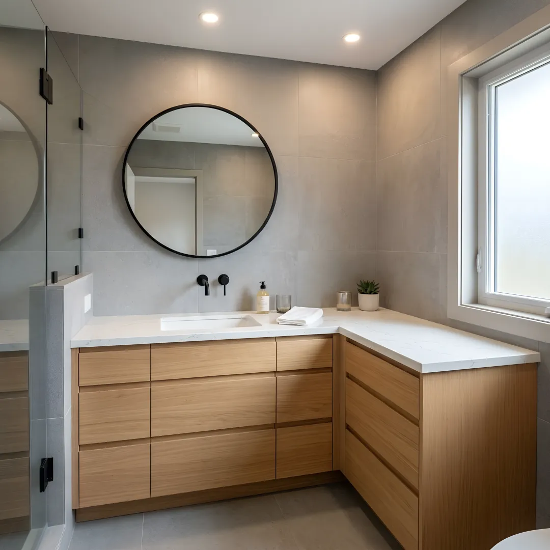 Designer measuring a bathroom corner for a custom vanity