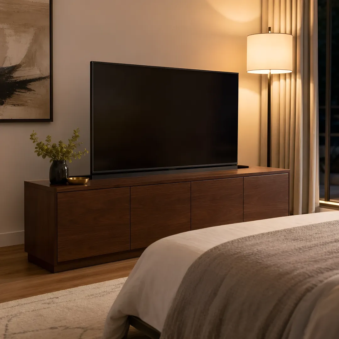 Custom TV lift cabinet in a living room