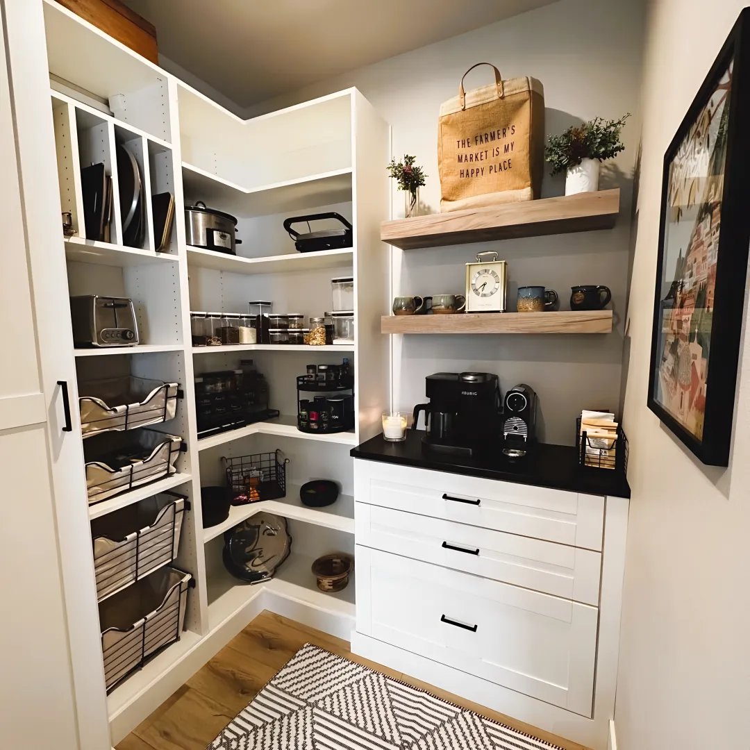 Custom organized pantry with pull-out shelves