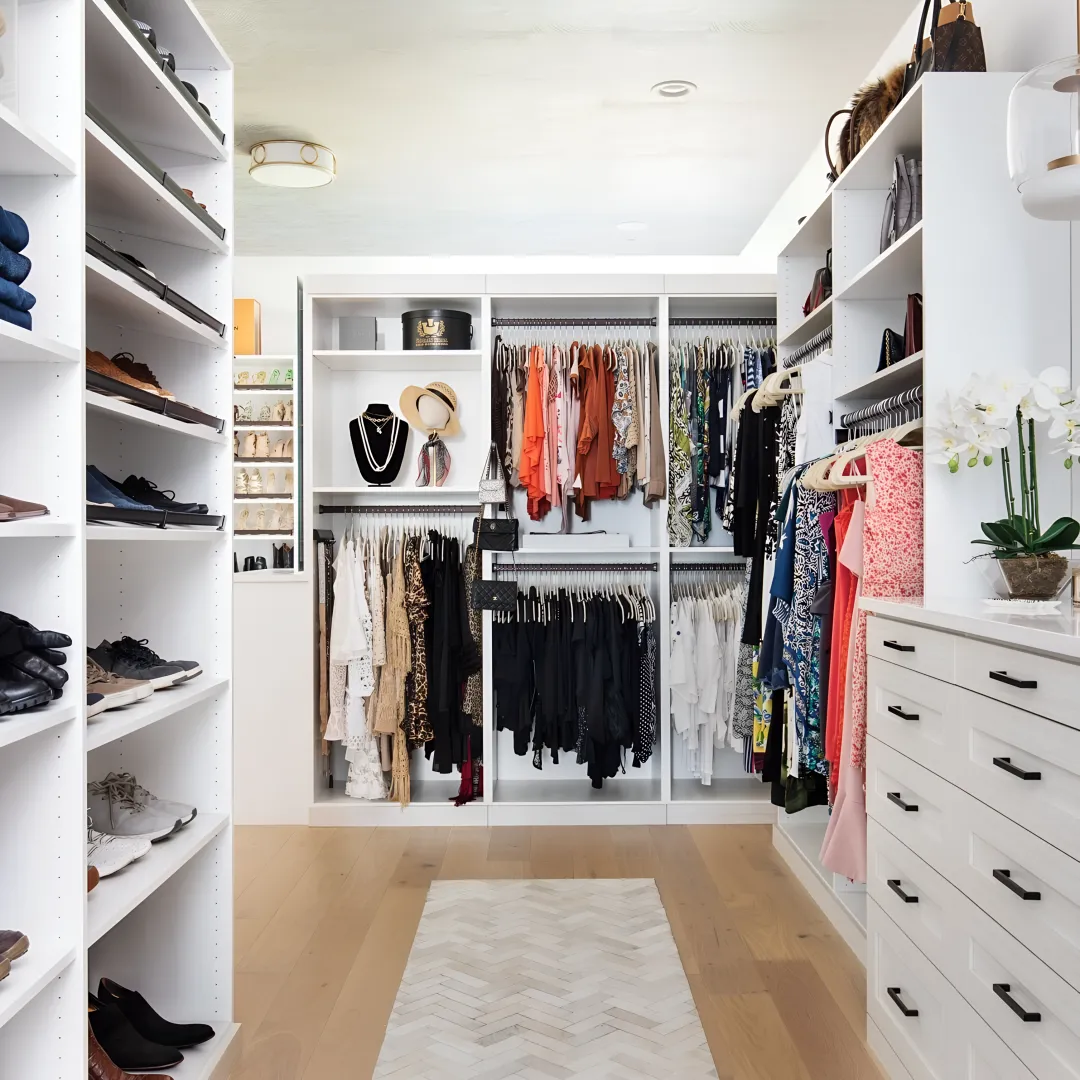 Custom shoe closet with illuminated shelves