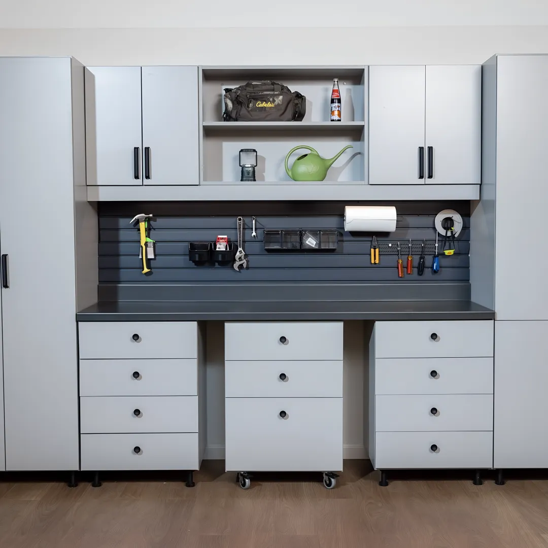 Custom built-in workbench with storage cabinets
