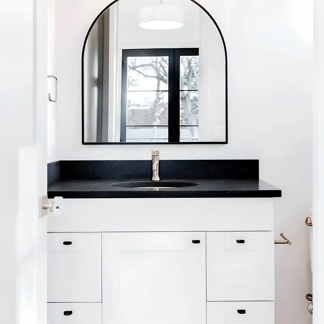 Custom farmhouse bathroom vanity with wood cabinetry