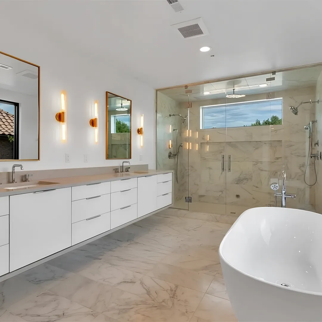 Designer reviewing custom bathroom vanity plans
