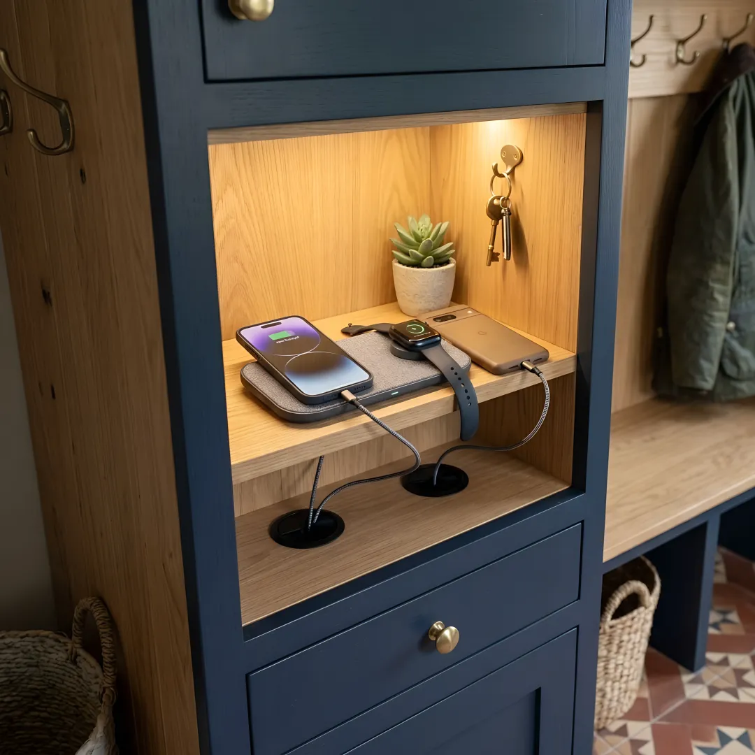 Designer reviewing custom cabinet charging plans