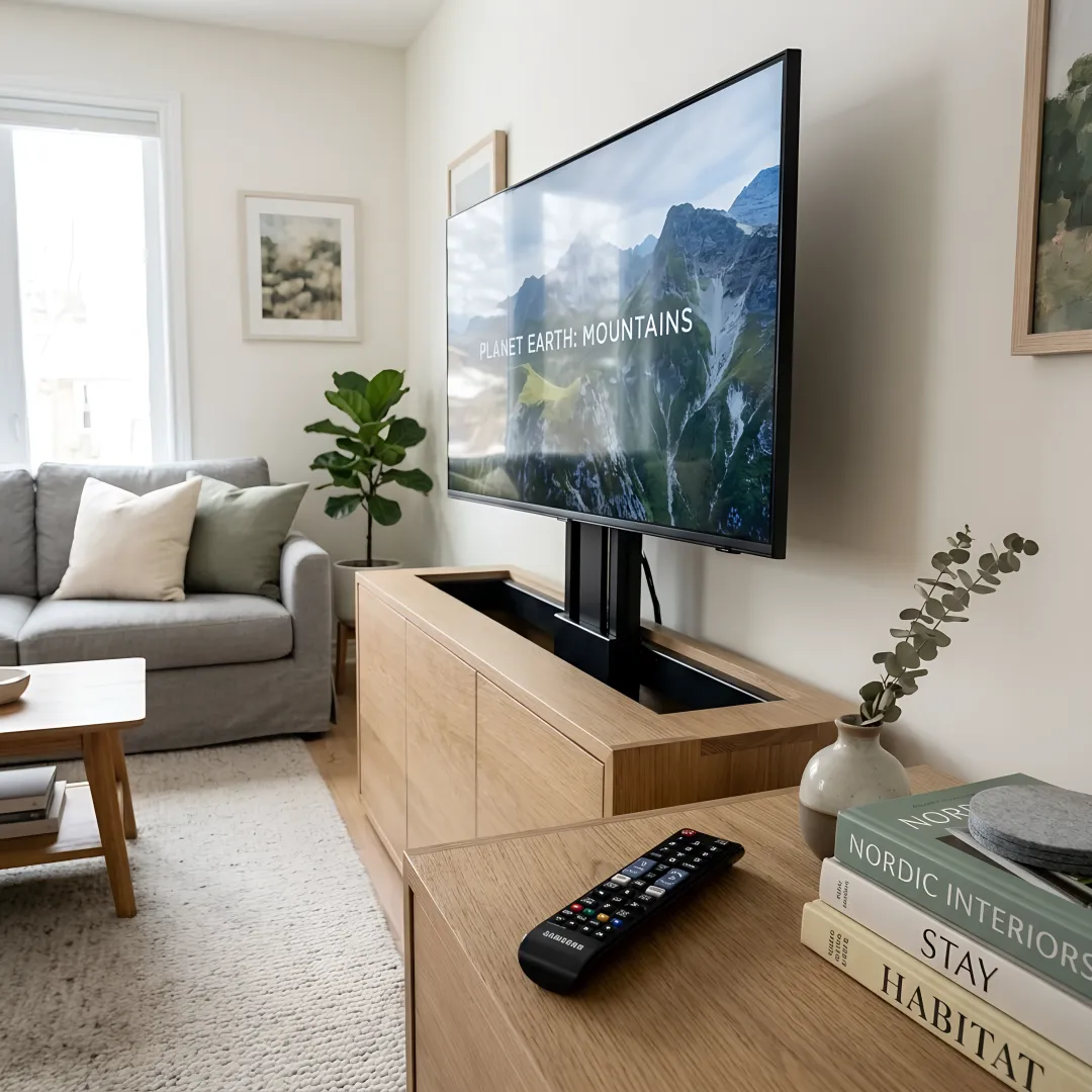 Designer reviewing plans for a TV lift cabinet