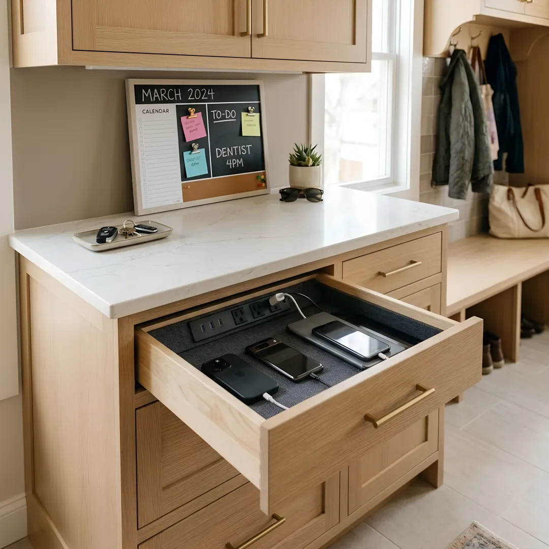 Custom cabinet system with built-in charging drawer