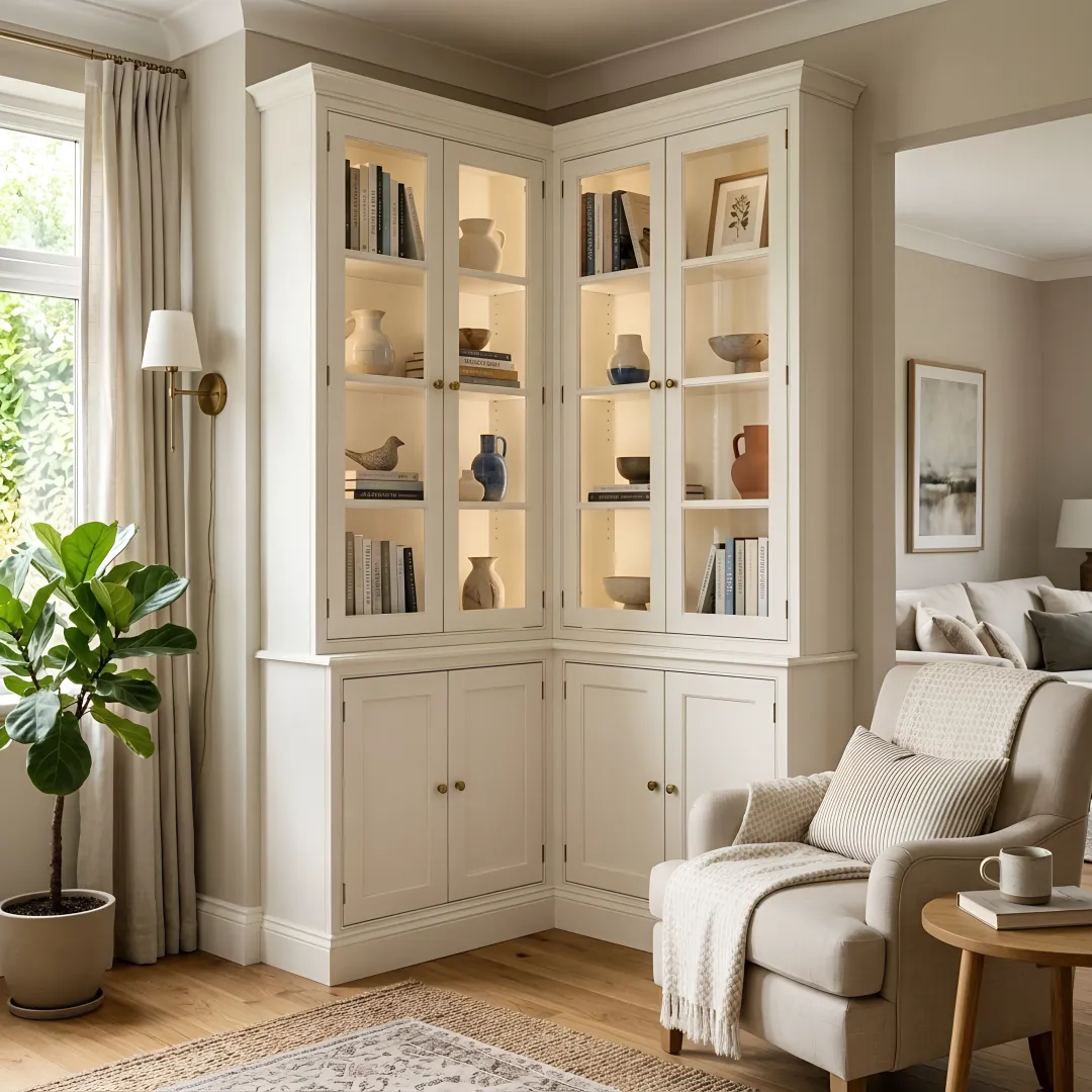 Designer measuring a living room corner for custom cabinetry