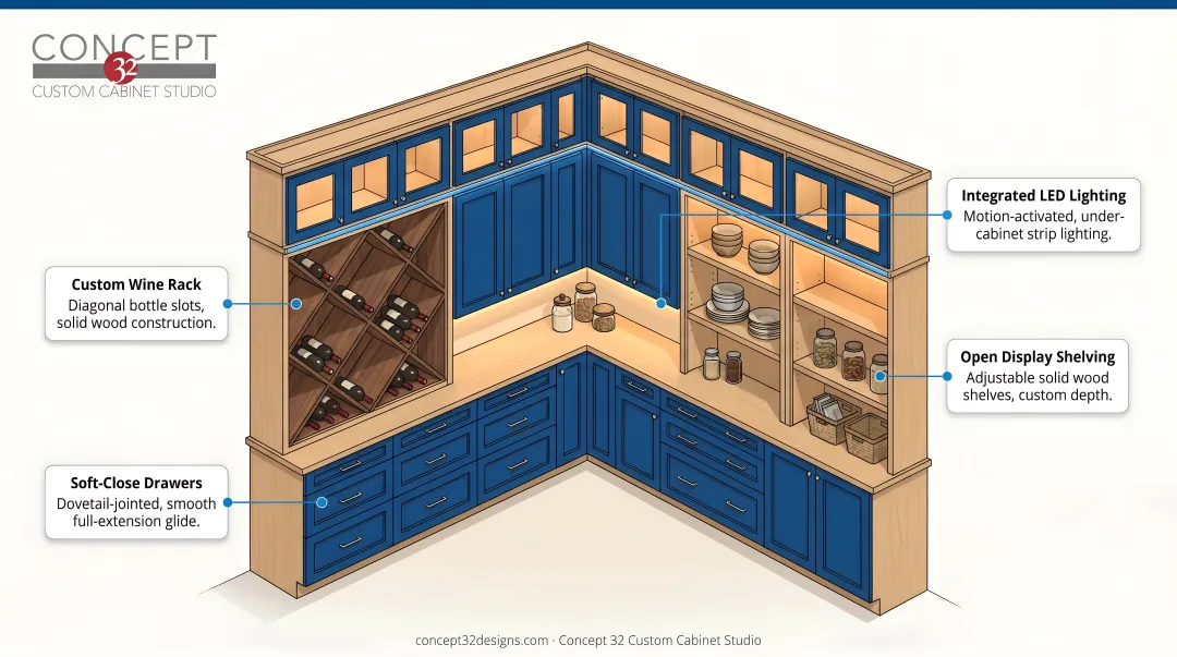 Custom walk-in pantry cabinetry with soft-close drawers wine rack and integrated lighting