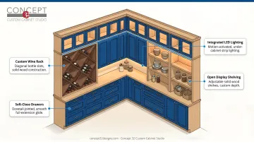 Custom walk-in pantry cabinetry with soft-close drawers wine rack and integrated lighting