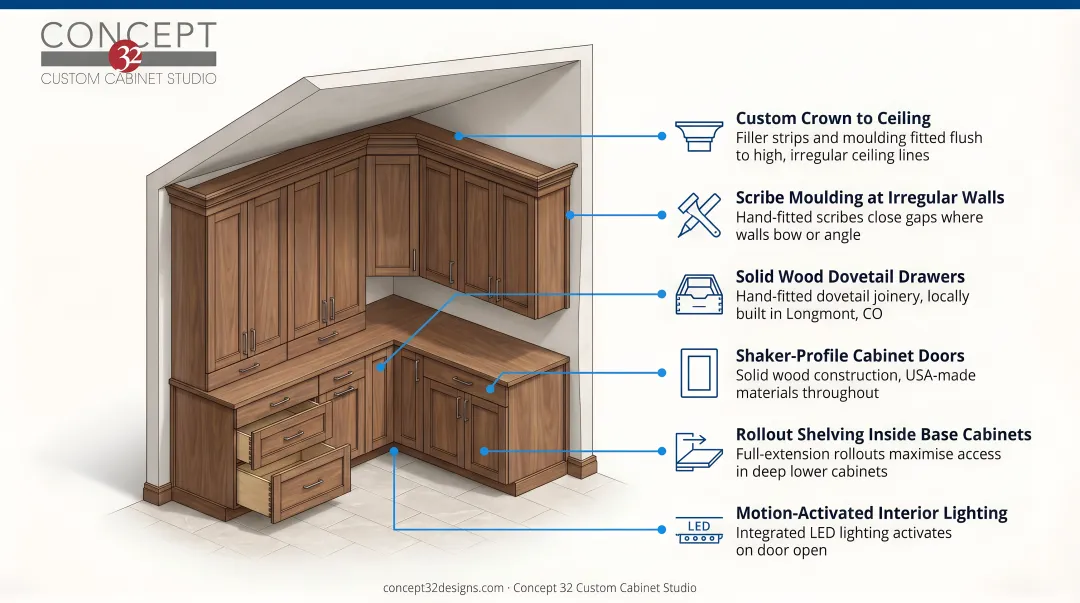 Custom kitchen cabinets perfectly fitted to irregular walls and high ceilings in older home