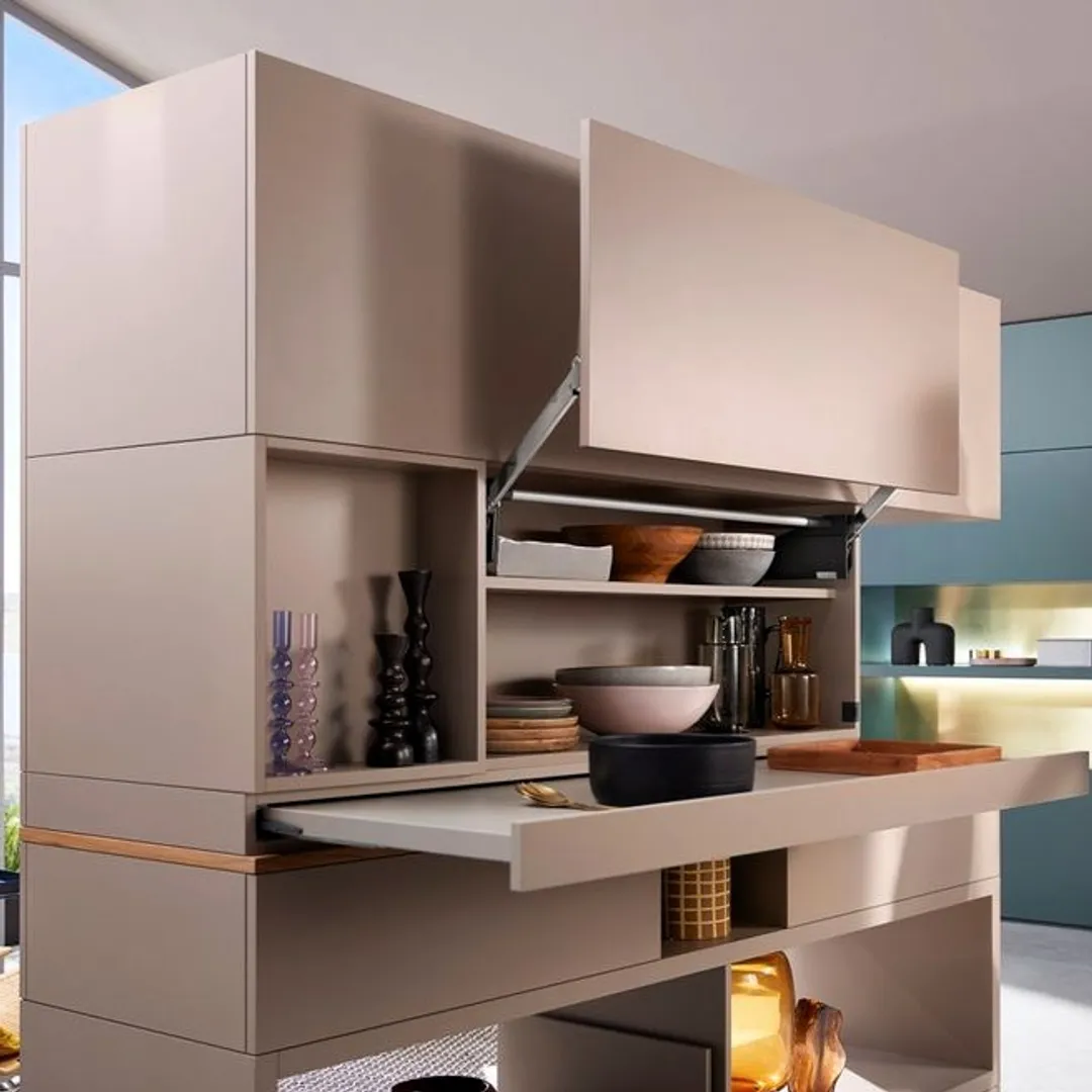 Blum AVENTOS lift-up cabinet door in a custom kitchen