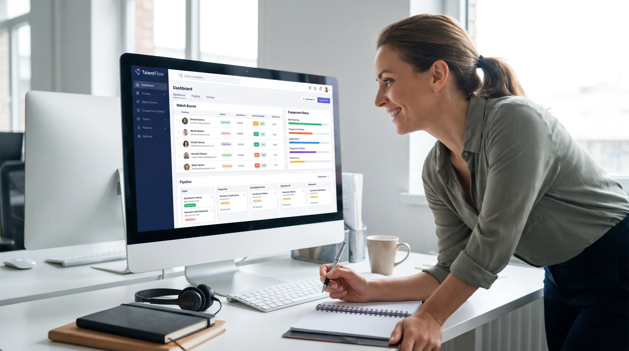 Confident Staffing recruiter reviewing candidate profiles on matching platform
