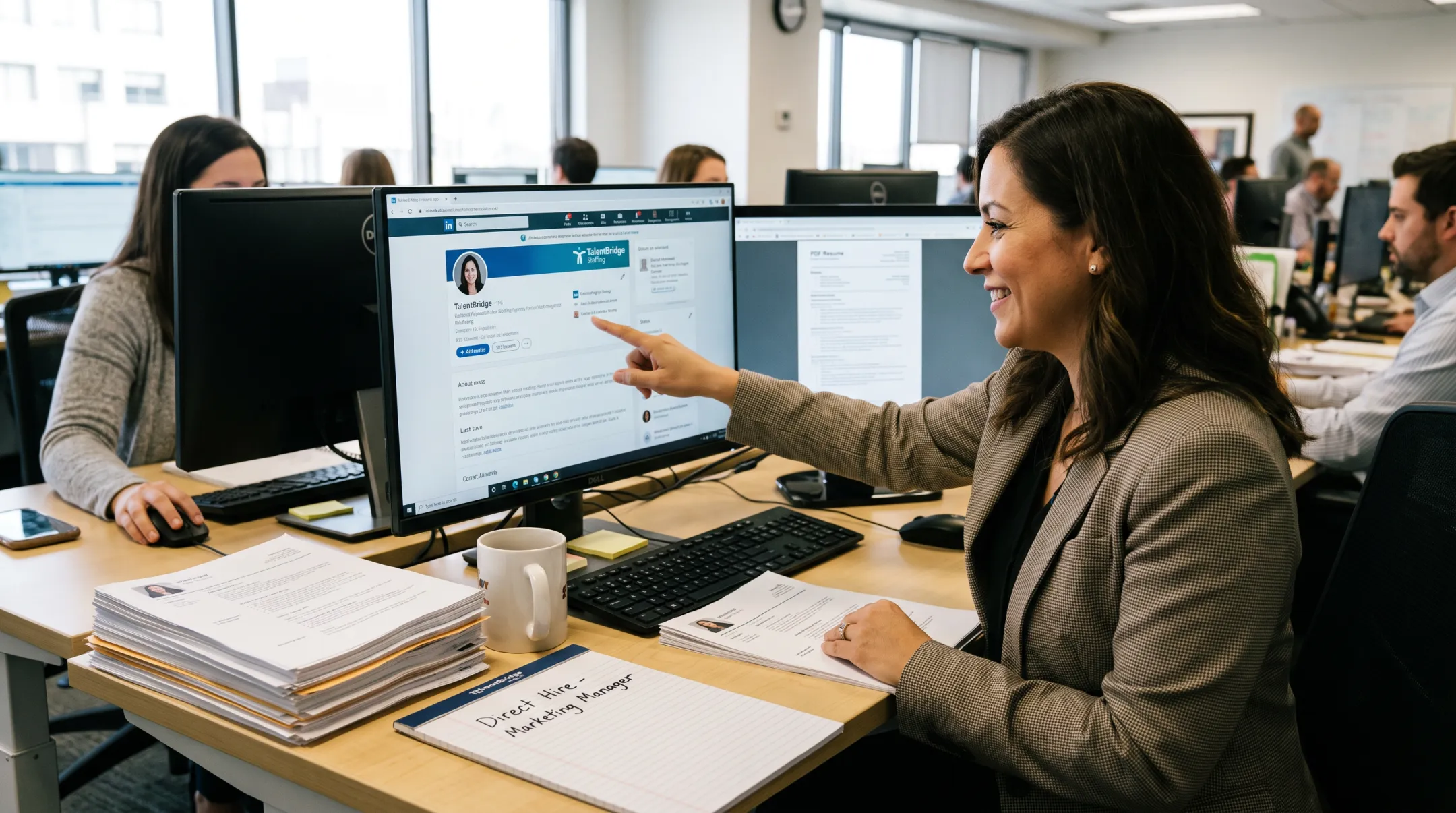 Confident Staffing recruiter reviewing candidate profiles for direct hire placement