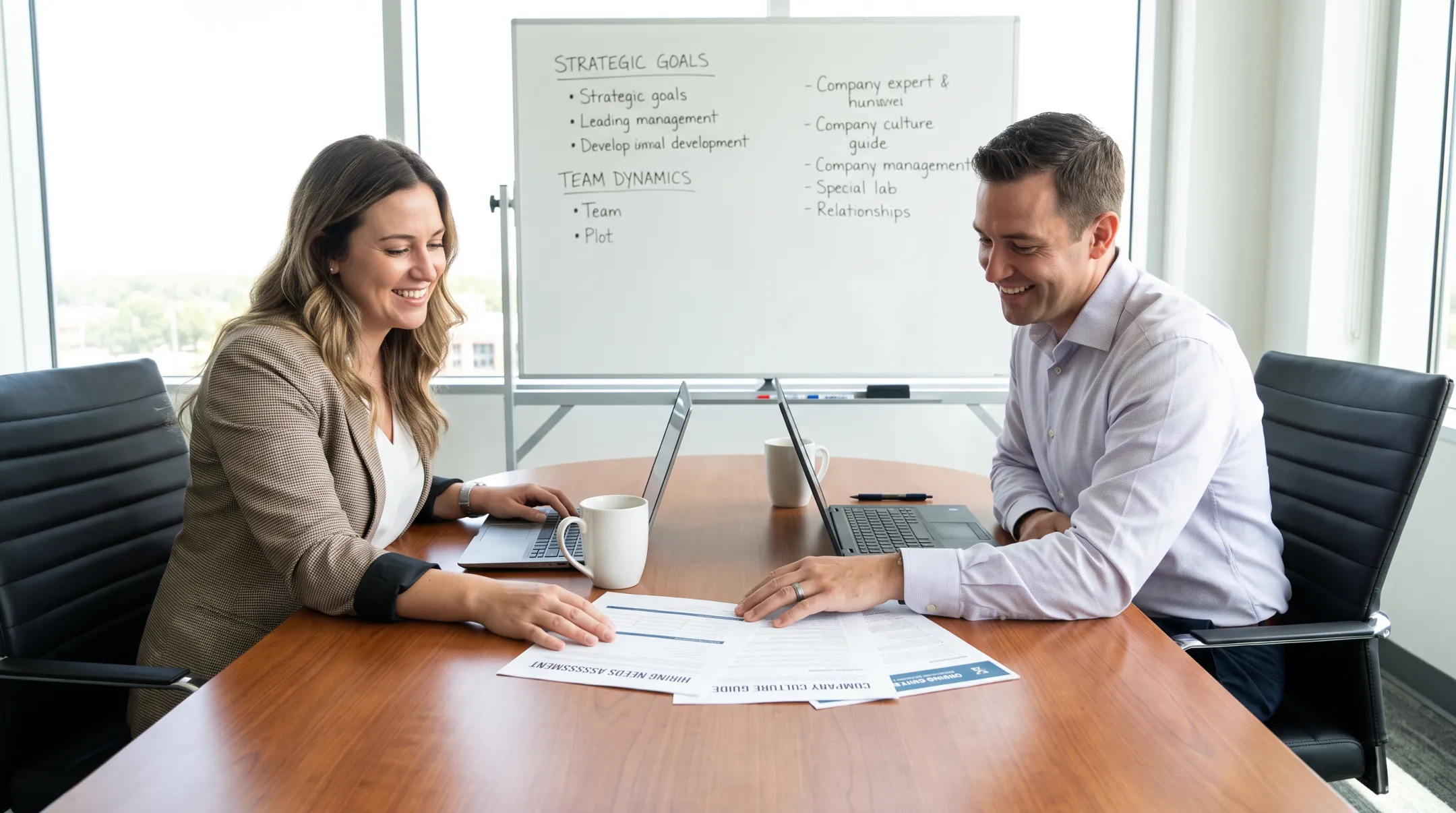 Confident Staffing recruiter meeting with client to discuss hiring needs