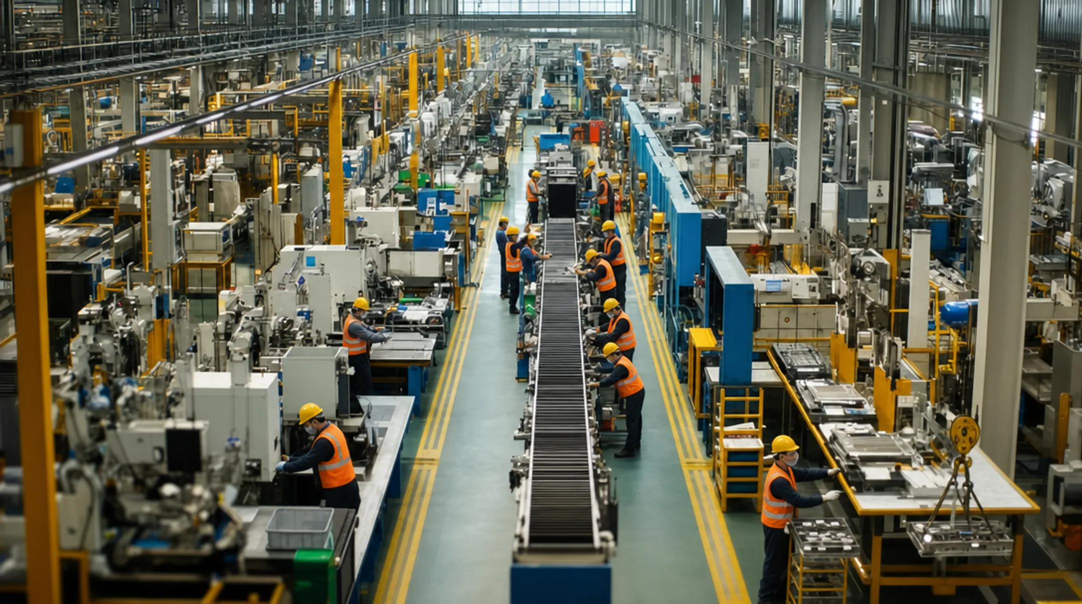 Manufacturing workers operating heavy machinery on industrial production line