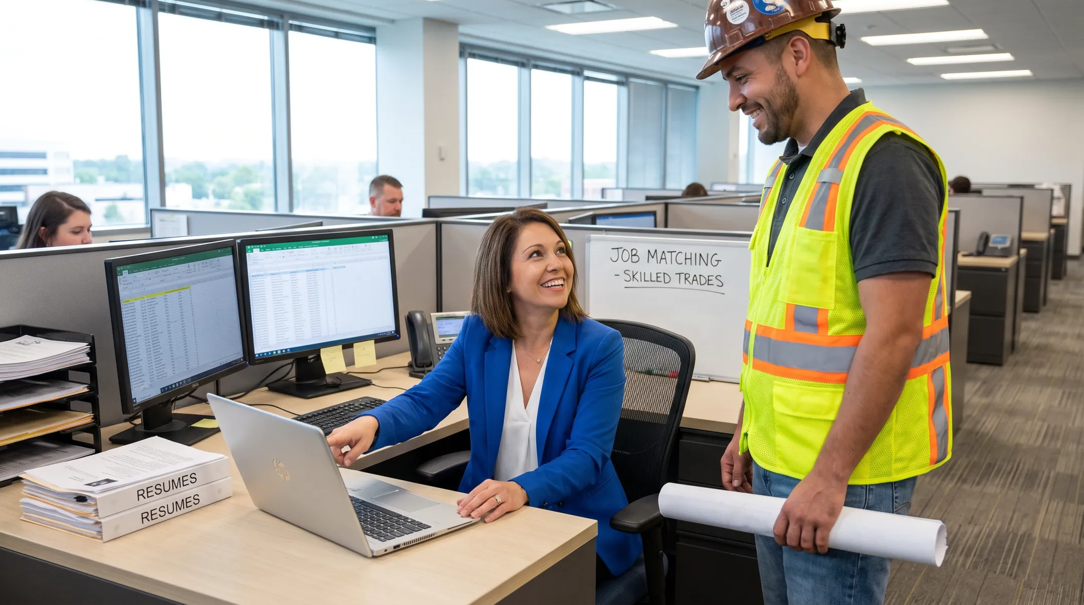 Staffing recruiter matching heavy equipment operator to construction job