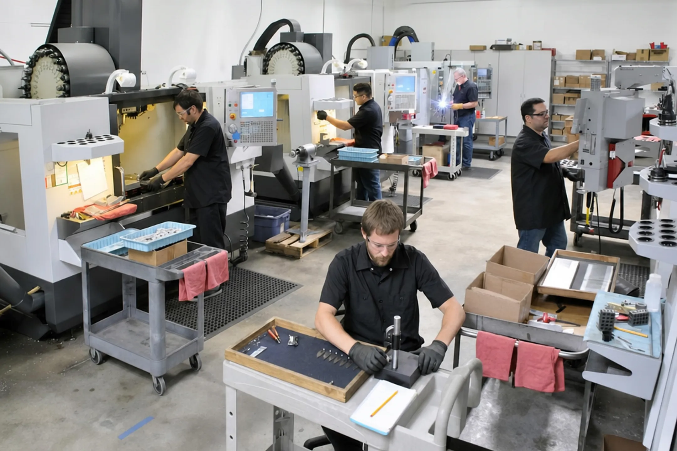 Manufacturing workers operating CNC machines and assembly line equipment